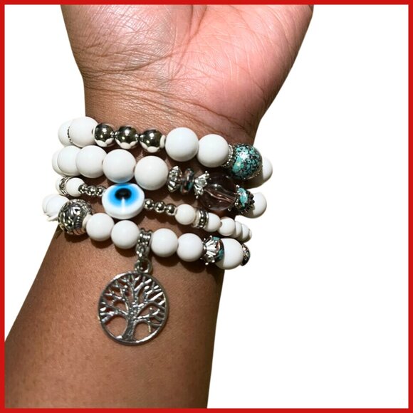 4 Piece Adjustable Bracelet Set White Tree Of Life Charm & Nazar Bead - Picture 2 of 3